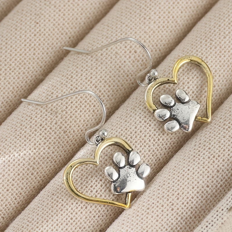 Two Tone Heart-shaped Paw Print Earrings, Copper Anti-Allergy